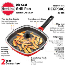 Load image into Gallery viewer, Hawkins 30 cm Grill Pan, Non Stick Die Cast Grilling Pan with Glass Lid, Square Grill Pan for Gas Stove, Ceramic Coated Pan, Roast Pan (DCGP30G)