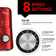 Load image into Gallery viewer, INALSA Stand Mixer Professional Mix Master- Heavy Duty 1200 Watt Pure Copper Motor| 5.5L SS Bowl| Metal Gears for Extra Stability| Includes Whisking Cone, Mixing Beater & Dough Hook, (Red)