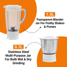 Load image into Gallery viewer, INALSA Juicer Mixer Grinder 500W- Novis with 2 Jars|1.5L Blender Jar,0.7L SS Multipurpose Jar|Easy Flow Juice Nozzle Cap|Shockproof Body Design,Overload Protection for Safety|ISI Marked, Made In India - KOCHEN ESSENTIAL