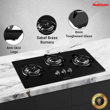 Load image into Gallery viewer, SUNFLAME LOTUS HOB 3 BURNER GAS STOVE, AUTO IGNITION, BLACK - KOCHEN ESSENTIAL