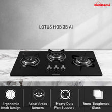 Load image into Gallery viewer, SUNFLAME LOTUS HOB 3 BURNER GAS STOVE, AUTO IGNITION, BLACK - KOCHEN ESSENTIAL
