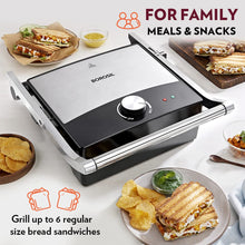 Load image into Gallery viewer, Borosil Mega Jumbo Grill Sandwich Maker, 2000W, 180ᶿ Open Flexibility, Non-Stick Coating, Makes 6 Sandwiches, Black