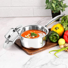 Load image into Gallery viewer, Cello Induction Base Tri-Ply Sauce Pan with Stainless Steel Lid, 2.2 Litre, 18cm - KOCHEN ESSENTIAL