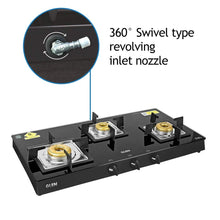 Load image into Gallery viewer, Glen 3 Burner Glass Black Cooktop 1038 SQ BL Forged Brass Burners - KOCHEN ESSENTIAL