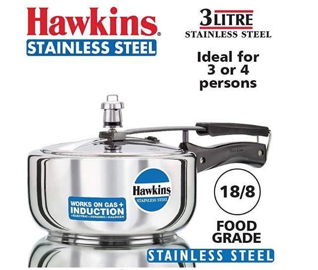 HAWKINS STAINLESS STEEL PRESSURE COOKER, LITRES WIDE, INDUCTION