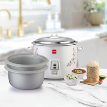 Load image into Gallery viewer, Electric Rice Cooker Cello Iris Rice Cooker | 2.8 Liter Electric Rice Cooker 1000 Watt | 2 Aluminium Cooking Bowl | Trivet Plate for Perfect Rice Cooking | Auto Keep Warm Mode for Keeping Food Hot | White
