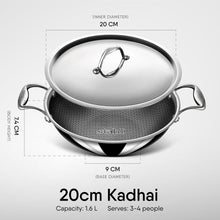 Load image into Gallery viewer, Stahl Artisan Hybrid Triply Non Stick Kadai with Lid, Stainless Steel Kadai for Cooking, Triply Kadhai Metal Spatula Friendly, Induction &amp; Gas Stove Compatible, 1.6 L, 20 cm
