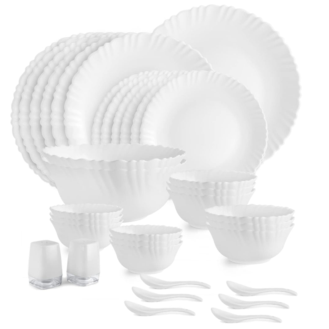 Cello Opalware Dazzle Series Plain Dinner Set with Rice Plate, 35Pcs | Opal Glass Dinner Set for 6 | Light-Weight, Daily Use Crockery Set for Dining | White Plate and Bowl Set