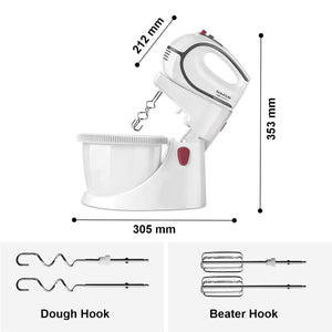 INALSA Stand Mixer cum Hand Mixer Promix | 500 Watt | Quick Burst Technology | 2.5 L Self Rotation Bowl |5 Variable Speeds with Turbo Function| Detachable Base | Dough & Beater Hooks| White / Grey