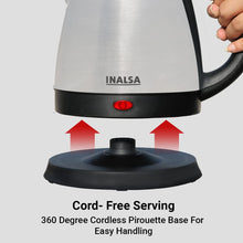 Load image into Gallery viewer, INALSA Electric Kettle 1.5 Liter with Stainless Steel Body - Kwik|Auto Shut Off &amp; Boil Dry Protection Safety Features| Cordless Base &amp; Cord Winder|Hot Water Kettle |Water Heater Jug
