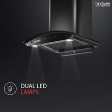 Load image into Gallery viewer, Hindware Smart Appliances oasis 60 cm 1350 m³/hr Stylish Filterless Auto-Clean Kitchen Chimney With Metallic Oil Collector, Motion Sensor &amp; Touch Control For Easy Operation (Curved Glass, Black)
