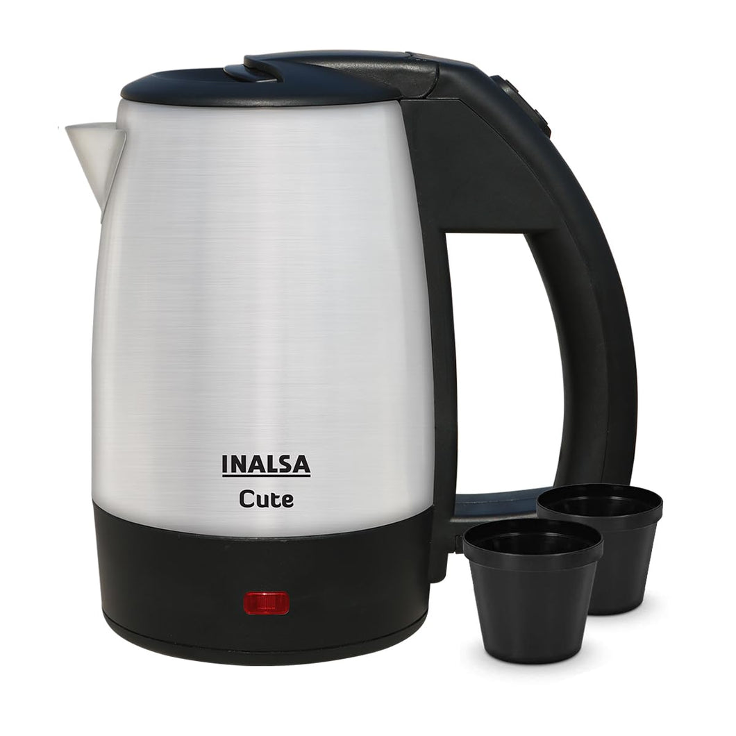 INALSA Electric Travel Kettle Cute 0.5 L|Fast Boiling 1000 Watts| Light Indicator| Boild Dry Protection| Auto Shut Off| 2 Travel Cups| (Silver/Black)