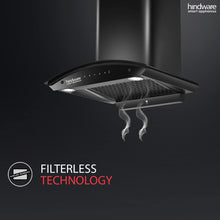 Load image into Gallery viewer, Hindware Smart Appliances oasis 60 cm 1350 m³/hr Stylish Filterless Auto-Clean Kitchen Chimney With Metallic Oil Collector, Motion Sensor &amp; Touch Control For Easy Operation (Curved Glass, Black)
