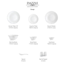 Load image into Gallery viewer, Cello Opalware Dazzle Series Plain Dinner Set with Rice Plate, 35Pcs | Opal Glass Dinner Set for 6 | Light-Weight, Daily Use Crockery Set for Dining | White Plate and Bowl Set
