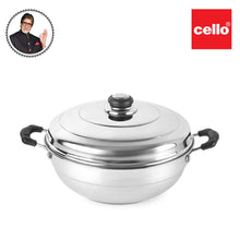 Load image into Gallery viewer, Cello Stainless Steel Induction Base Idli Cooker and Multi Kadhai Set of 6, Silver, 5 Liter | Compatible with Gas Stove &amp; Induction | Ideal for Dhokla, Patra, Idli and Momos
