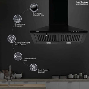 Hindware Smart Appliances Clara neo 60 cm 1000 m³/hr Pyramid Kitchen Chimney With Elegant Look, Push Button Control, Efficient Dual LED Lamps & Double Baffle Filter (Black)