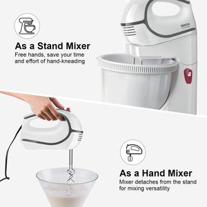 INALSA Stand Mixer cum Hand Mixer Promix | 500 Watt | Quick Burst Technology | 2.5 L Self Rotation Bowl |5 Variable Speeds with Turbo Function| Detachable Base | Dough & Beater Hooks| White / Grey