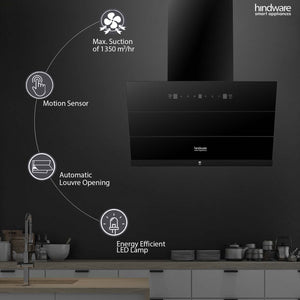 Hindware Smart Appliances Aldina 60 Cm kitchen chimney comes with Autoclean technology and maximum suction power 1350 m3/hr having filterless and motion sensor technology (Black 60cm)"