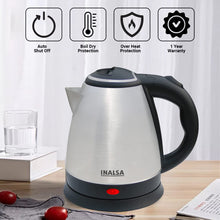 Load image into Gallery viewer, INALSA Electric Kettle 1.5 Liter with Stainless Steel Body - Kwik|Auto Shut Off &amp; Boil Dry Protection Safety Features| Cordless Base &amp; Cord Winder|Hot Water Kettle |Water Heater Jug
