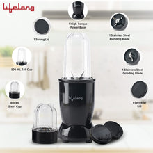 Load image into Gallery viewer, Lifelong Regalia PowerNutri Mixer/Grinder/Blender/Shaker, 2 Stainless Steel Blades,2 Unbreakable Jars, 450 W Powerful Copper Motor (Black, 1 Year warranty, LLNBB001)
