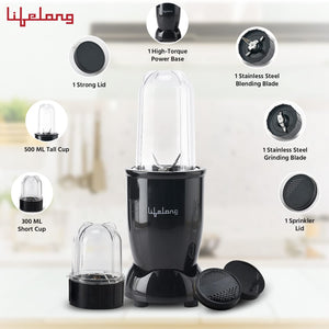 Lifelong Regalia PowerNutri Mixer/Grinder/Blender/Shaker, 2 Stainless Steel Blades,2 Unbreakable Jars, 450 W Powerful Copper Motor (Black, 1 Year warranty, LLNBB001)