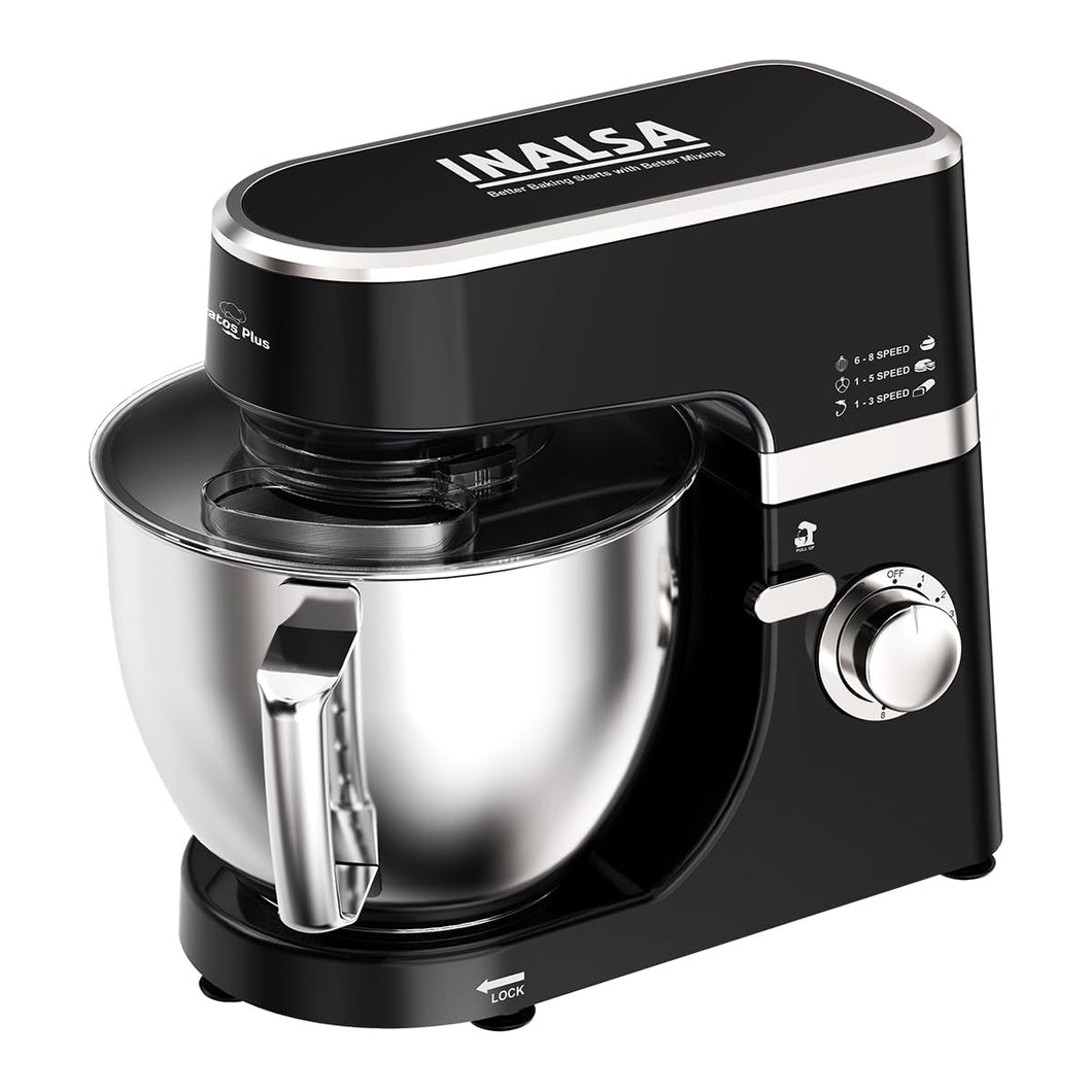 INALSA Stand Mixer 1200W|Pure Copper Motor|5.3L SS Bowl With Splash Guard|Metal Gears for Extra Durability|Accessories Included|Dishwasher Safe|Baking,Cake Mixer,Kneading-Kratos Plus
