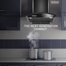 Load image into Gallery viewer, Hindware Smart Appliances oasis 60 cm 1350 m³/hr Stylish Filterless Auto-Clean Kitchen Chimney With Metallic Oil Collector, Motion Sensor &amp; Touch Control For Easy Operation (Curved Glass, Black)
