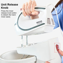 Load image into Gallery viewer, INALSA Stand Mixer cum Hand Mixer Promix | 500 Watt | Quick Burst Technology | 2.5 L Self Rotation Bowl |5 Variable Speeds with Turbo Function| Detachable Base | Dough &amp; Beater Hooks| White / Grey
