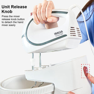 INALSA Stand Mixer cum Hand Mixer Promix | 500 Watt | Quick Burst Technology | 2.5 L Self Rotation Bowl |5 Variable Speeds with Turbo Function| Detachable Base | Dough & Beater Hooks| White / Grey