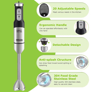 INALSA Hand Blender Robot Inox 1200 S|1200W with Heavy Duty 100% Copper Motor|Variable 20 Speed And Turbo Function|Low Noise|ANTI-SPLASH TECHNOLOGY|2 Yr Warranty|For Smoothie,Puree & Baby Food