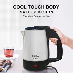 INALSA Electric Travel Kettle Cute 0.5 L|Fast Boiling 1000 Watts| Light Indicator| Boild Dry Protection| Auto Shut Off| 2 Travel Cups| (Silver/Black)