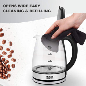Inalsa Electric Kettle Prism Inox - 1350 W with LED Illumination & Boro-Silicate Body, 1.8 L Capacity along with Cordless Base, 2 Year Warranty (Black)