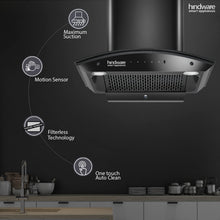 Load image into Gallery viewer, Hindware Smart Appliances oasis 60 cm 1350 m³/hr Stylish Filterless Auto-Clean Kitchen Chimney With Metallic Oil Collector, Motion Sensor &amp; Touch Control For Easy Operation (Curved Glass, Black)
