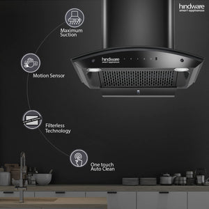 Hindware Smart Appliances oasis 60 cm 1350 m³/hr Stylish Filterless Auto-Clean Kitchen Chimney With Metallic Oil Collector, Motion Sensor & Touch Control For Easy Operation (Curved Glass, Black)