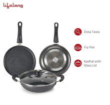 Load image into Gallery viewer, Lifelong Popular Non-Stick Cookware Set, 3-Pieces, Black/Grey (Induction and Gas Compatible)
