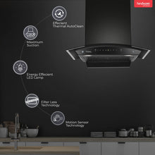 Load image into Gallery viewer, Hindware Smart Appliances Divina 60 cm, 1200 m³/hr* Stylish Filterless Auto-Clean Wall Mounted Chimney for Kitchen with Motion Sensors, Touch Control and LED Lamps (Black)
