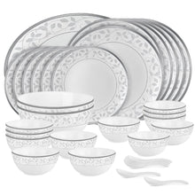 Load image into Gallery viewer, Cello Amitabh Bachchan Opalware Divine Series silver Dinner Set, 33Pcs | Opal Glass Dinner Set for 6 | Crockery Set for Festive Ocassions, Parties | White Plate and Bowl Set
