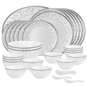 Cello Amitabh Bachchan Opalware Divine Series silver Dinner Set, 33Pcs | Opal Glass Dinner Set for 6 | Crockery Set for Festive Ocassions, Parties | White Plate and Bowl Set