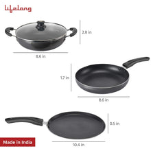 Load image into Gallery viewer, Lifelong Popular Non-Stick Cookware Set, 3-Pieces, Black/Grey (Induction and Gas Compatible)
