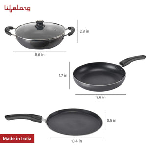 Lifelong Popular Non-Stick Cookware Set, 3-Pieces, Black/Grey (Induction and Gas Compatible)
