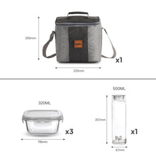 Load image into Gallery viewer, CELLO Glassy Mix Lunch Box Set of 4 | (320ml x 3) &amp; 1 Clear Glass Water Bottle (500ml) | Leak-Proof &amp; Microwavable Toughened Glass | Perfect Lunch Box Set for Office, School &amp; College
