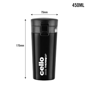 Cello Monty Vacuum Insulated | Travel Coffee Mug Hot and Cold with Lid | Double Walled Carry Flask for Travel, Home, Office, School | 450ml, Black (Stainless Steel)