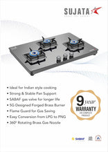 Load image into Gallery viewer, Sujata Gas Stove | 9 Years Warranty | 3 Burner Gas Stove Glass Top, 3 Burner Gas Stove Auto Ignition, SABAF, ISI Certified, LPG &amp; PNG Compatible, 360° Nozzle, Jumbo Brass Burner (Premium - Black)

