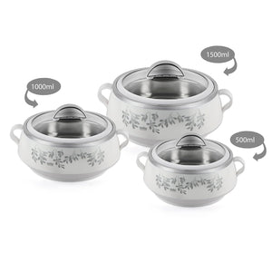 Cello Glitter Casserole with Inner Steel | Insulated Stainless Steel Inner Body Casserole Set for Meal| Chapati| Curry| Roti, Set of 3, White, 1000 Milliliter