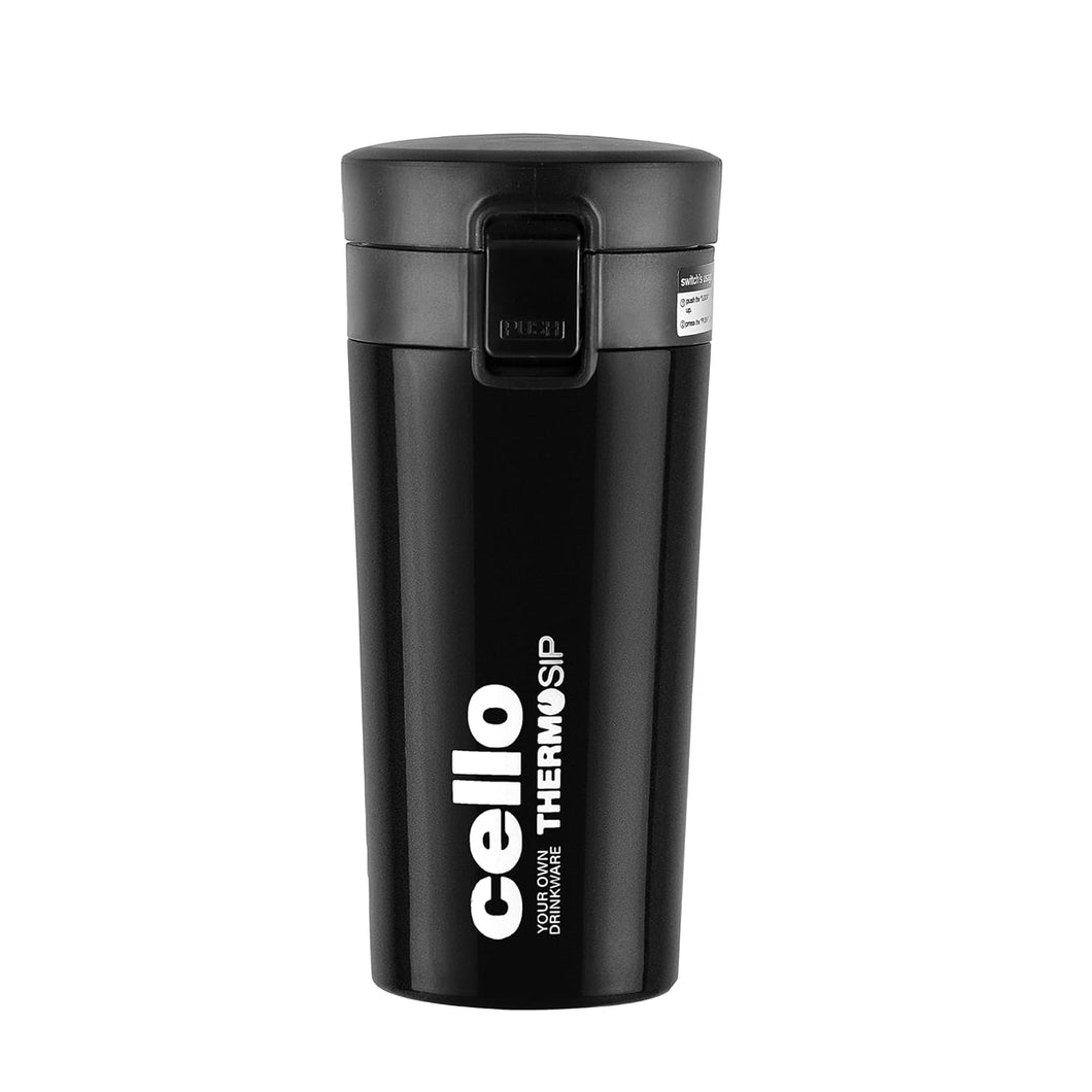 Cello Monty Vacuum Insulated | Travel Coffee Mug Hot and Cold with Lid | Double Walled Carry Flask for Travel, Home, Office, School | 450ml, Black (Stainless Steel)