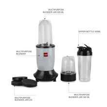 Load image into Gallery viewer, Cello Frutomix Nutri Blend Pro + | Multi-purpose Blender | (2 multipurpose Jar with 1 sipper bottle) Set of 3 | Smoothie Maker | 500 W Copper Motor | SS Blades | Grey
