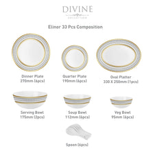 Load image into Gallery viewer, Cello Amitabh Bachchan Opalware Divine Series Elinor Dinner Set, 33Pcs | Opal Glass Dinner Set for 6 | Crockery Set for Festive Ocassions, Parties | White Plate and Bowl Set
