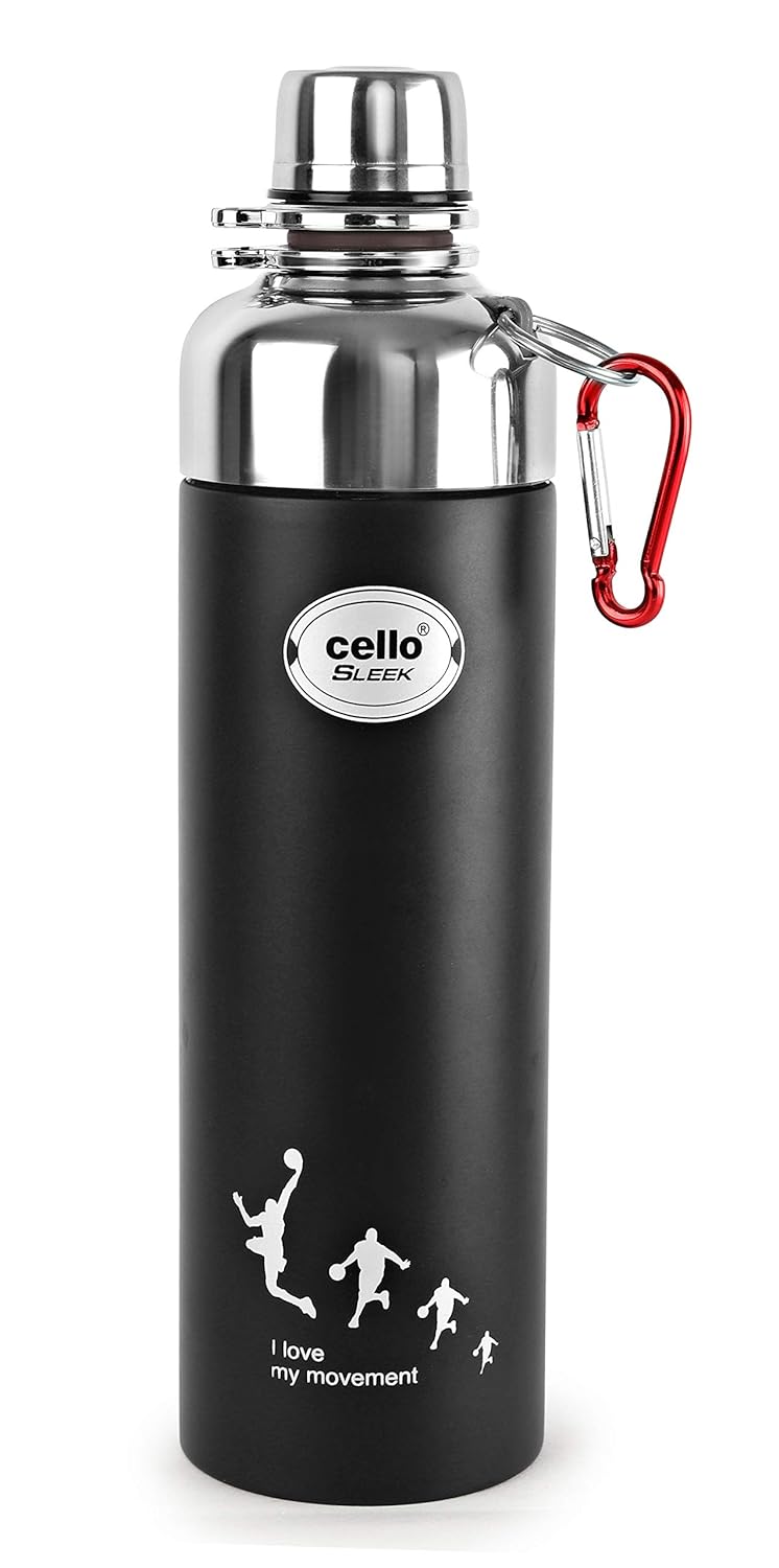 Cello Sleek Stainless Steel Double Walled Water Bottle, Hot and Cold, 900ml, 1pc, Black