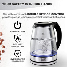Load image into Gallery viewer, Inalsa Electric Kettle Prism Inox - 1350 W with LED Illumination &amp; Boro-Silicate Body, 1.8 L Capacity along with Cordless Base, 2 Year Warranty (Black)
