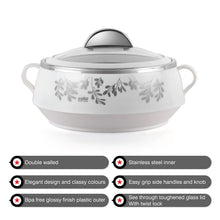 Load image into Gallery viewer, Cello Glitter Casserole with Inner Steel | Insulated Stainless Steel Inner Body Casserole Set for Meal| Chapati| Curry| Roti, Set of 3, White, 1000 Milliliter
